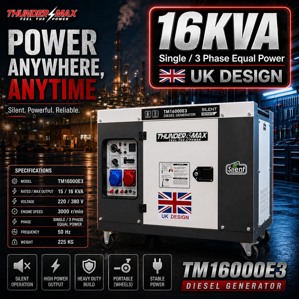 16KVA 15KW SILENT TYPE DIESEL GENERATOR 1 CYLINDER equal power